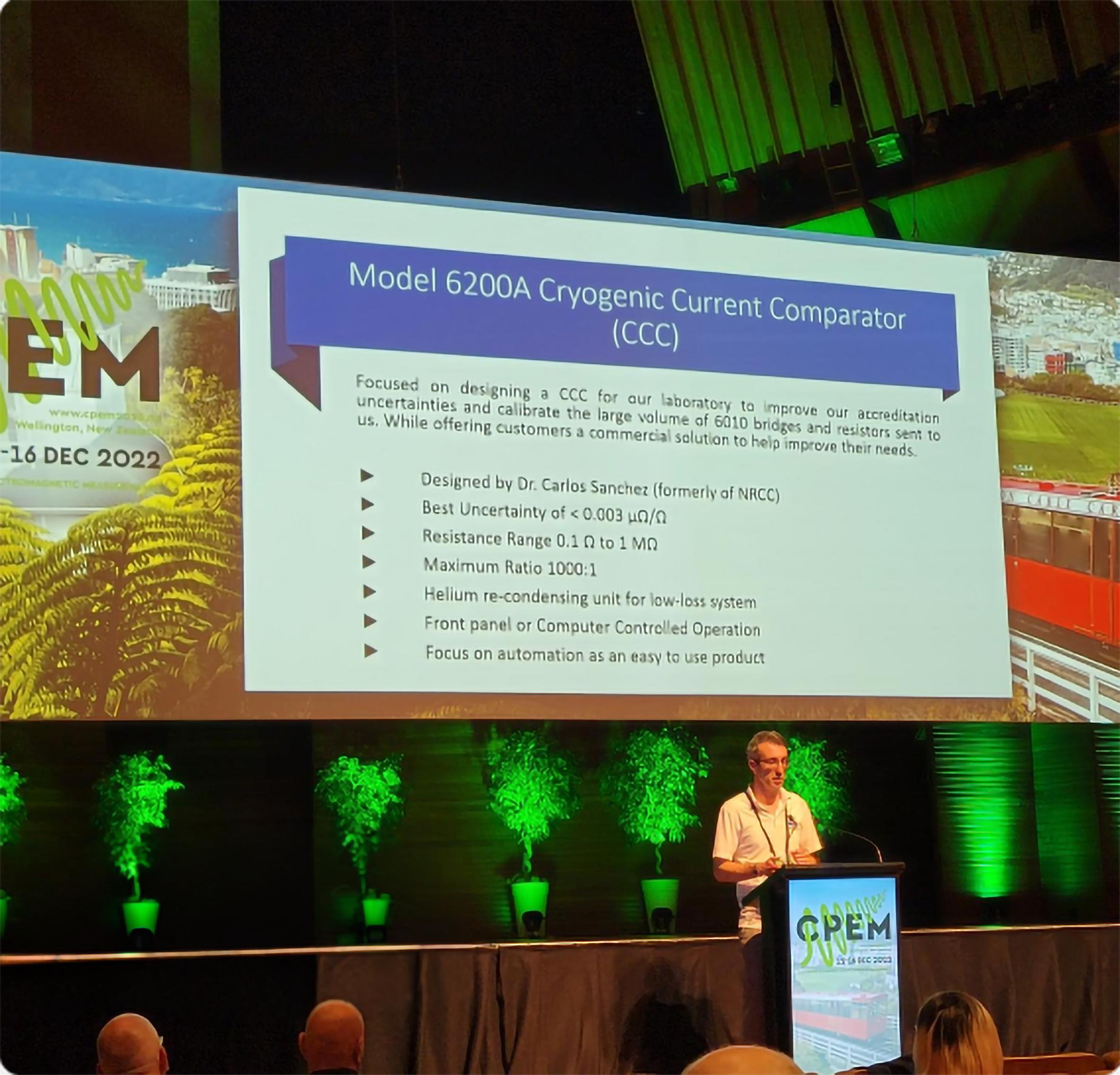 Measurements International presenter at CPEM 2022 in Wellington, New Zealand, presenting the Model 6200A Cryogenic Current Comparator on stage